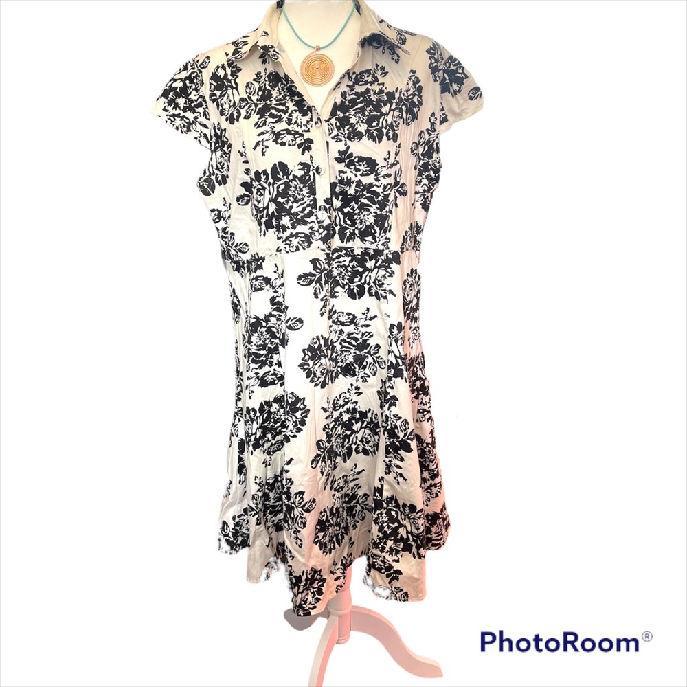 Bi.Tencon Women's Vintage White Black Floral Print A-Line Cap Sleeve Dress
